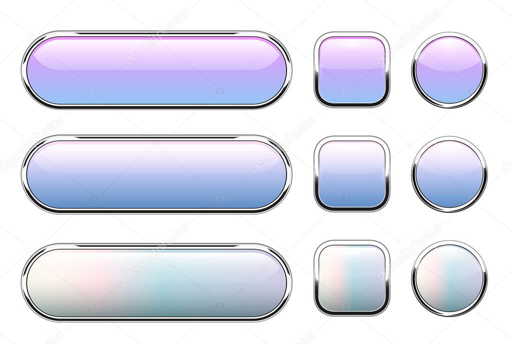 Shiny buttons set, glossy isolated icons with metallic chrome elements pearl opalescent, vector illustration.