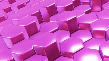 Soyut 3D geometrik arkaplan, pembe altıgenler istifleri şekillendirir, canlandırma teknolojisi illüstrasyonu.