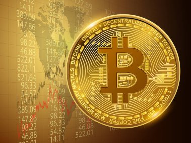 Bitcoin simgesi ve 3B finans veri diyagramları ile iş arkaplanı, vektör ekonomik konsept tasarımı