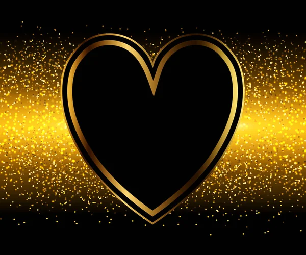 Gyllene Gnistrande Hjärtform Med Glitter Isolerad Svart Bakgrund Vektor Romantisk — Stock vektor
