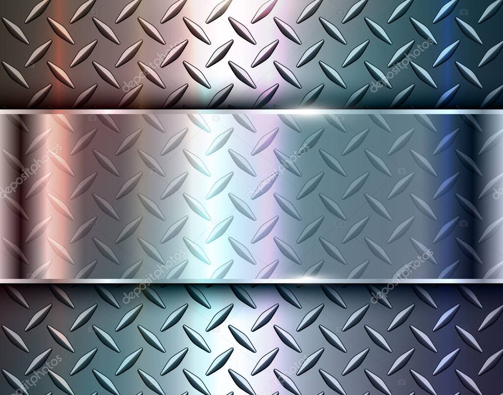 Fondo plateado metálico, diseño de vectores de cromo 3d con placa de