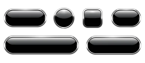 Conjunto Botones Brillantes Negros Iconos Aislados Brillantes Con Elementos Metálicos — Vector de stock