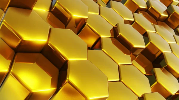 Abstract Geometrische Achtergrond Goud Hexagons Metalen Vormen Stapels Render Technologie — Stockfoto