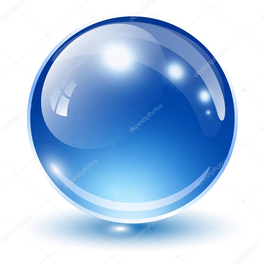 Glass sphere blue, vector shiny icon ball.