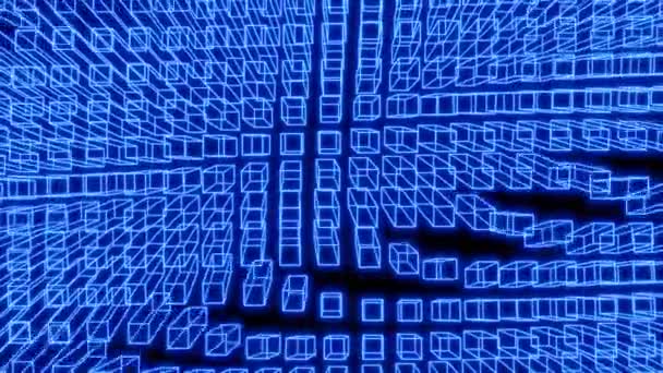要旨3Dアニメーション幾何学的背景 黒で輝く青いワイヤーフレーム技術ネオン 興味深いループシームレスな3Dアニメーション — ストック動画