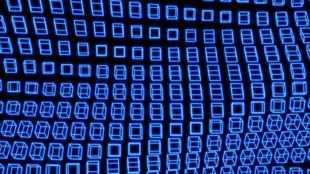抽象的3D动画几何图形背景 蓝色线框立方体技术霓虹灯发光在黑色 有趣的无缝隙3D动画上 — 图库视频影像
