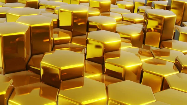 Abstrakte Geometrischen Hintergrund Gold Sechsecke Metallischen Formen Stapel Rendertechnologie Illustration — Stockfoto