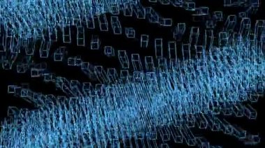 Soyut 3D animasyon geometrik grafik arkaplan, mavi kablo küp teknolojisi siyah üzerinde parlayan, ilginç döngüsüz 3D animasyon.