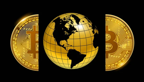 Aarde Globe Met Bitcoin Doormidden Gespleten Business Concept Achtergrond Goud — Stockvector