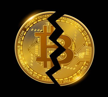 Bitcoin bozuk para, bitcoin 'in iş sembolü ekonomik kriz olarak ikiye bölünmüş, siyah izole vektör illüstrasyonunda altın.