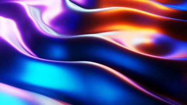 Soyut arkaplan, neon renkli sıvı metal dalgalar, ilginç desen 3D çizim çizimi.