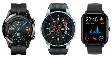 Smartwatch koleksiyonu, beyaz üzerine izole edilmiş gerçekçi ikonlar, teknolojik elektronik cihazlar, kol saati vektör çizimi, ilginç modern elektronik bantlar..