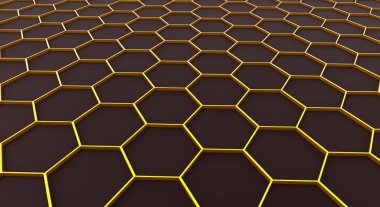 3D altıgen desenli arka plan, altın bal peteği yapısı arka plan, 3D teknoloji ilginç doku çizimi.