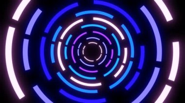 Dairesel neon şekiller dönen animasyonlar. Soyut lens teknolojisi tasarımı. 4k pürüzsüz siyah hareket arkaplan üzerinde ilginç mor daireler.
