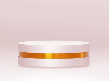 Boş podyum ya da pembe beyaz arka planda silindir standlı kaidesel sahne. Boş asgari ürün rafı ayakta duran arkaplan, 3B görüntüleme.