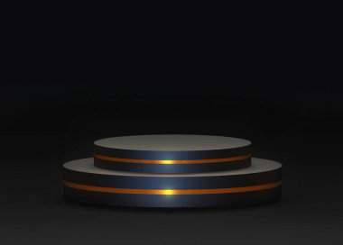Boş podyum ya da siyah arkaplandaki silindir standlı kaidesel görüntü sahnesi. Arkaplanda duran boş asgari ürün rafı. Sahne gösterisi, ürün, satış, afiş, kozmetik. 3 Boyutlu Hazırlama.