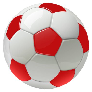 Futbol topu izole edilmiş, beyaz kırmızı 3D küre simgesi, gerçekçi vektör illüstrasyonu.