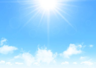 Güneşli bir arka plan, beyaz kümülüs bulutlu mavi gökyüzü ve parlak güneş, doğal yaz ya da bahar arkaplanı mükemmel sıcak gün havası, vektör illüstrasyonu.