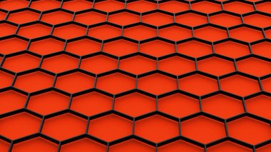 3 boyutlu altıgen desenli arkaplan, turuncu arkaplanda bal peteği yapısı, 3 boyutlu teknoloji çizimi.