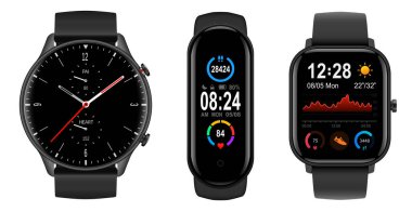 Smartwatch koleksiyonu, beyaz üzerine izole edilmiş gerçekçi ikonlar, teknolojik elektronik cihazlar, kol saati vektör çizimi, ilginç modern elektronik bantlar..