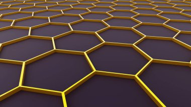 3D altıgen desenli arka plan, altın bal peteği yapısı arka plan, 3D teknoloji ilginç doku çizimi.