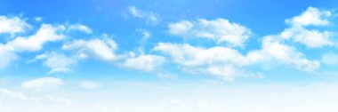 Güneşli bir arka plan, beyaz kümülüs bulutlu mavi gökyüzü, doğal yaz ya da bahar arkaplanı, sıcak gün havası, vektör illüstrasyonu.