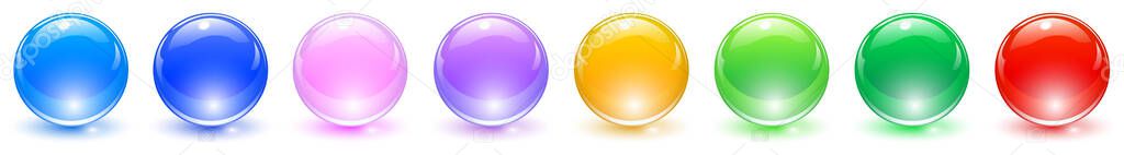 Set of colored spheres, shiny and glossy 3D colorful glass balls collection, multicolored vector illustration.