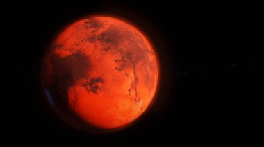 Mars Gezegeni 3D, atmosferi, yüksek detaylı yüzey özellikleri, arka planda yıldızlar olan Mars kızıl küre bilimsel arka planı ile illüstrasyon oluşturur..
