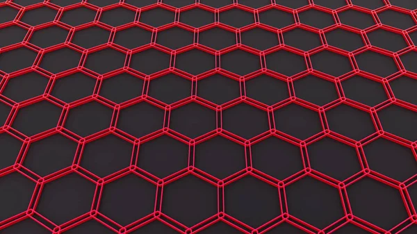 Background with 3D hexagons pattern, red honeycomb structure on black background, 3D technology interesting texture render illustration.