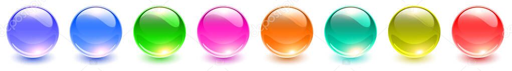 Set of colored spheres, shiny and glossy 3D colorful glass balls collection, multicolored vector illustration.