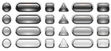 Gri parlak düğmeler seti, metalik krom elementli parlak izole simgeler, vektör illüstrasyonu.