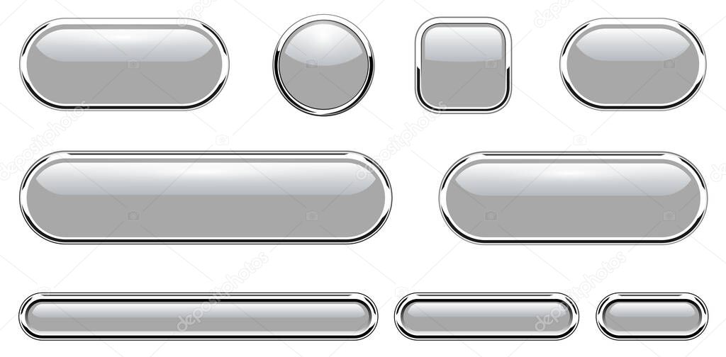 Grey shiny buttons set, glossy isolated icons with metallic chrome elements, vector illustration.