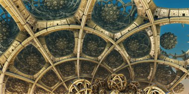 Soyut arkaplan, fantastik üç boyutlu altın yapılar, antik uygarlık resimlerinin teknoloji kalıntıları.. 