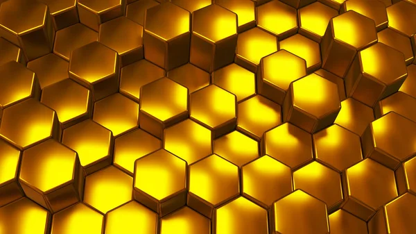 Abstract 3D geometric background, gold hexagons metallic shapes stacks, render technology illustration.