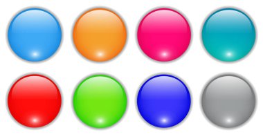 Parlak düğmeler ayarlandı, parlak daire simgeleri çok renkli koleksiyon, 3 boyutlu vektör illüstrasyonu.