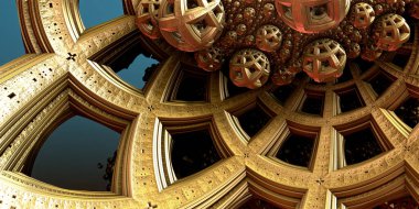 Soyut arkaplan, fantastik üç boyutlu altın yapılar, antik uygarlık resimlerinin teknoloji kalıntıları.. 