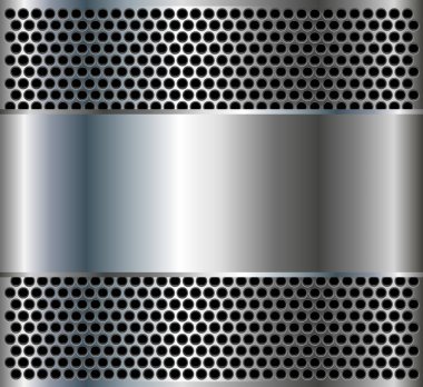 Metalik arka plan, gümüş pankartlı ve delikli delikler, teknolojik metal tasarımı, 3 boyutlu vektör iilüstrasyonu.