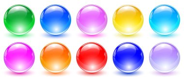 Renkli küreler seti, parlak ve parıltılı 3D renkli cam toplar koleksiyonu, renkli vektör çizimi.