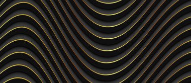 Soyut üç boyutlu siyah dalgalı arka plan ve altın desenli. Minimalist boş çizgili boş BG vektör çizimi.