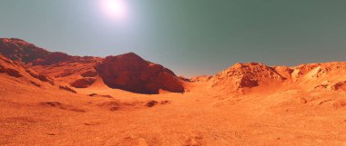 Mars gezegeni manzarası, hayali Mars gezegeninin 3D görüntüsü, dağlarla aşınmış turuncu çöl, gerçekçi bilim kurgu illüstrasyonu.