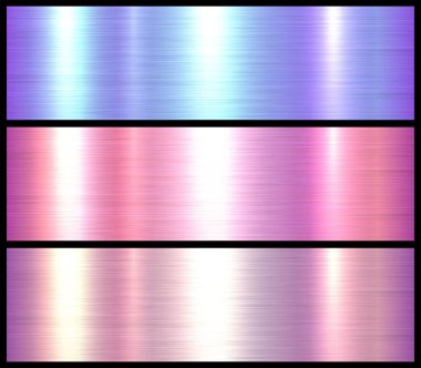 Metal dokular seti, parlak çok renkli metalik arka planlar, fırçalanmış metal vektör çizimi.