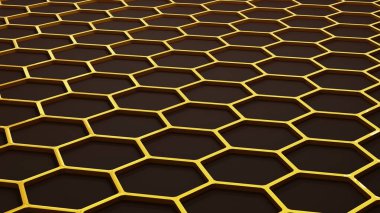 3D altıgen desenli arka plan, altın bal peteği yapısı arka plan, 3D teknoloji ilginç doku çizimi.