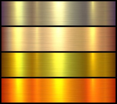Altın metal dokular seti, parlak metalik arka planlar, fırçalanmış metal vektör illüstrasyonu.