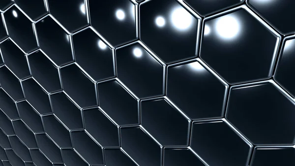 Hexagons black geometric background, perspective view of dark honeycomb pattern metallic shapes , 3D render technology illustration.