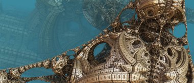 Soyut arka plan 3D, fantastik antik medeniyet mimarisi, altın mavisi çizim teknolojisi illüstrasyonu