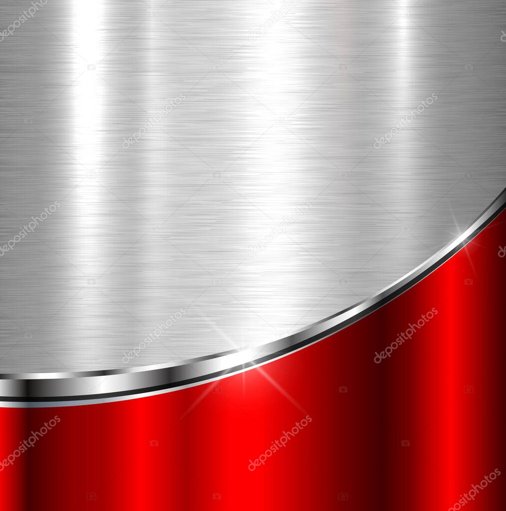 Elegant metallic background with silver red chrome brushed metal texture, vector design.