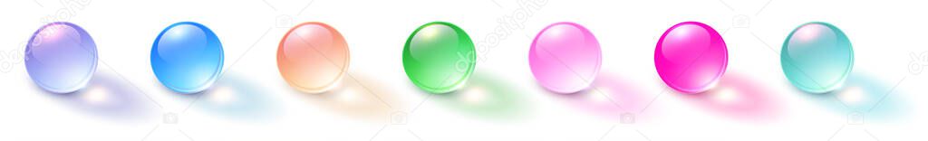 Set of colored spheres, shiny and glossy 3D colorful glass balls collection, multicolored vector illustration.