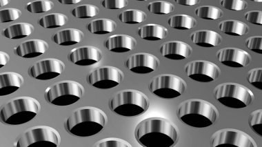 Metalik arka plan delinmiş delikler deseni, teknolojik metal tasarımı, 3 boyutlu delinmiş doku ilüstrasyonu.