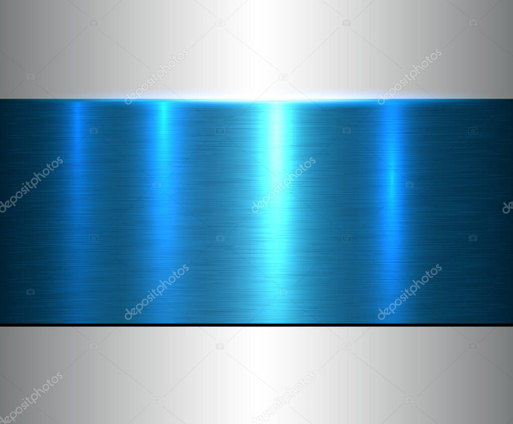 Metallic background with silver blue chrome brushed metal texture banner, vector illustration.