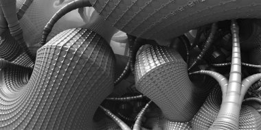 Soyut siyah-beyaz arkaplan, 3 boyutlu, fantastik teknoloji yapıları, şekilleri, üç boyutlu görüntüleme.